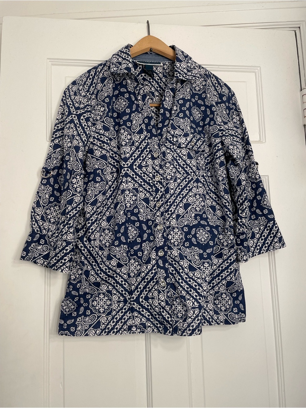 Karen Scott Navy and White Printed Cotton Button-Up